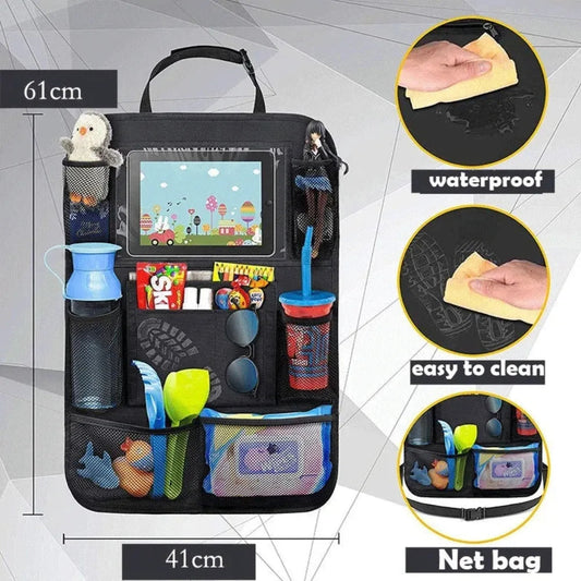 Front view of back seat organizer showing tablet holder and multiple pockets