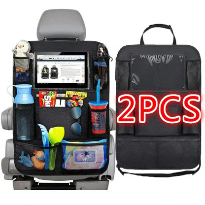 Black car back seat organizer with tablet holder and 9 storage pockets for kids