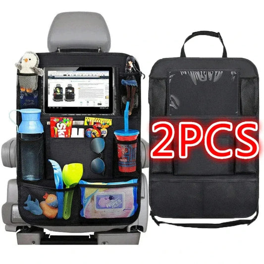 Black car back seat organizer with tablet holder and 9 storage pockets for kids