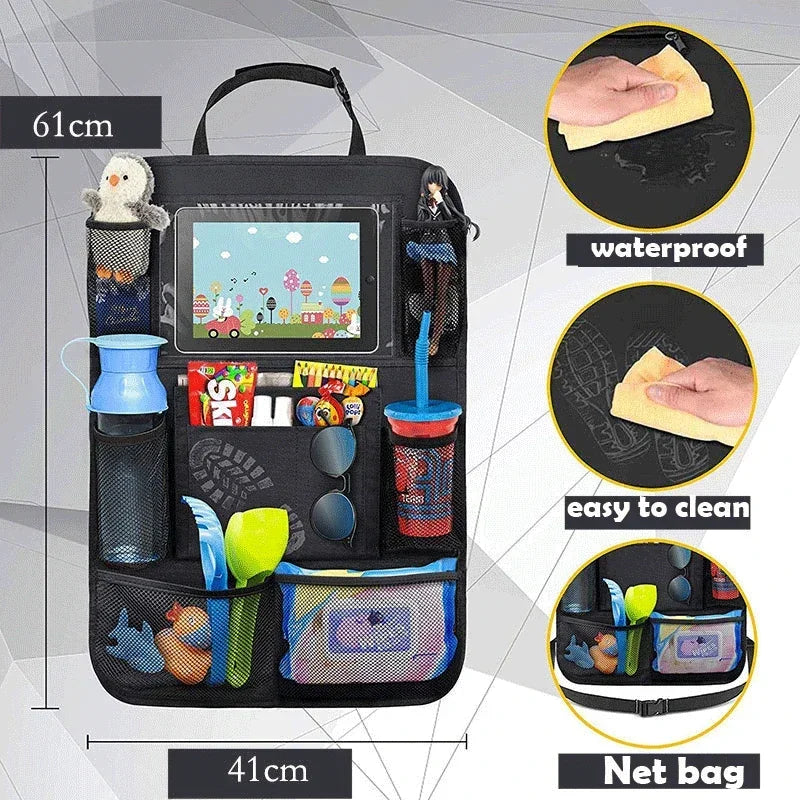 Side angle view of back seat organizer showing depth and compartments