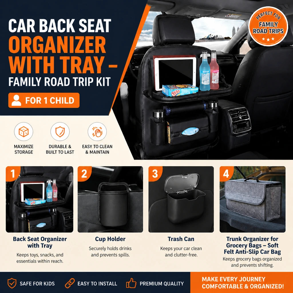 Car Back Seat Organizer with Tray – Family Road Trip Kit