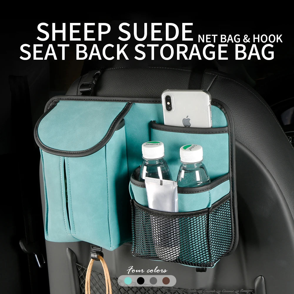 Front display of car seat organizer with multiple pockets and tissue box