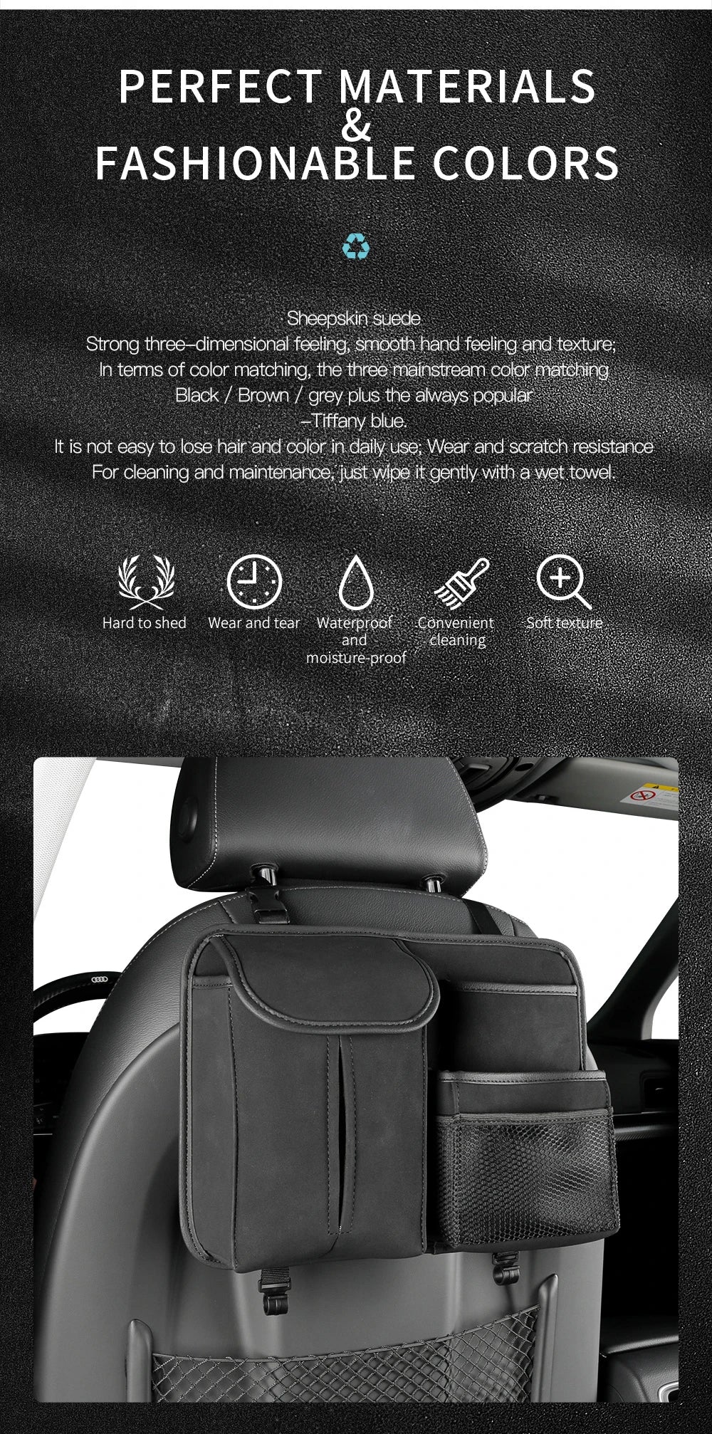 Installation guide showing how to attach organizer to car seat