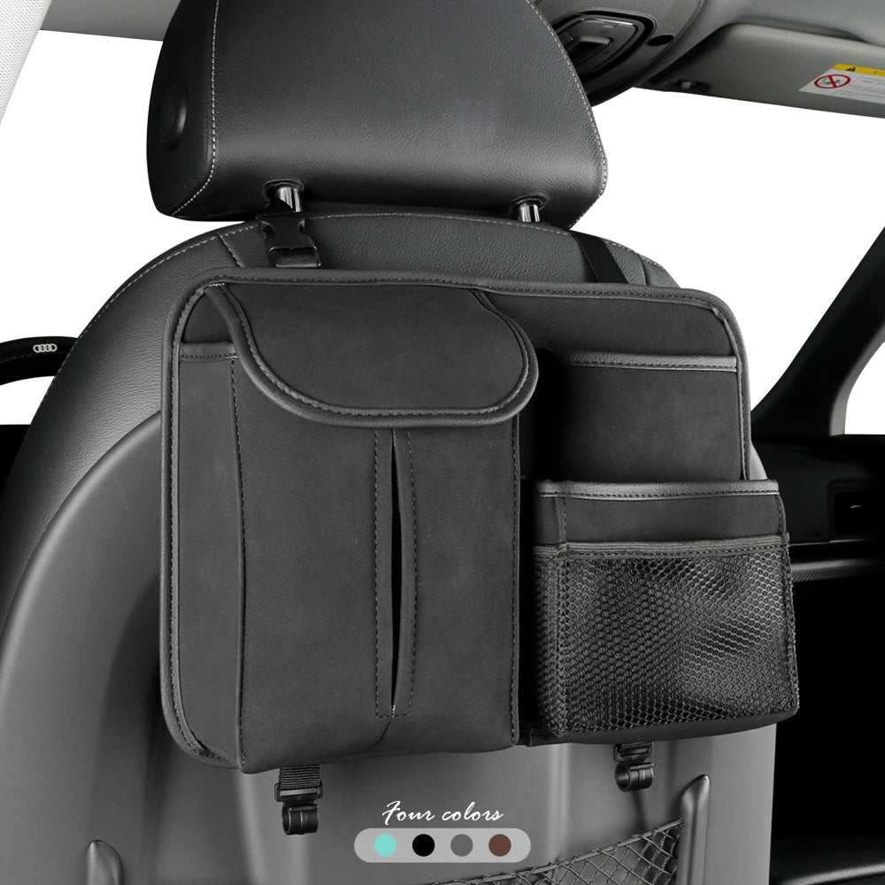 Black PU leather car back seat pocket organizer with tissue box holder