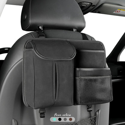 Black PU leather car back seat pocket organizer with tissue box holder
