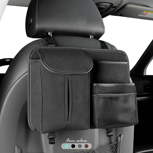 Black PU leather car back seat pocket organizer with tissue box holder