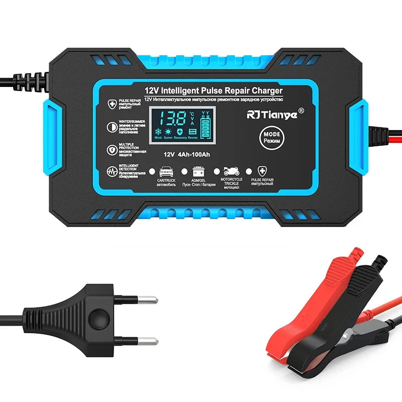Blue 12V smart car battery charger with EU plug and LCD display