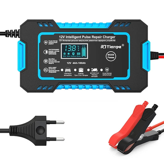 Blue 12V smart car battery charger with EU plug and LCD display