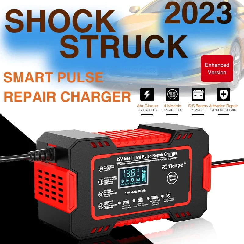 Car battery charger features including smart pulse repair