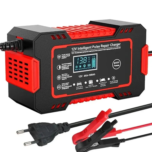 Full set of smart 12V car battery charger with clips, cables, and manual