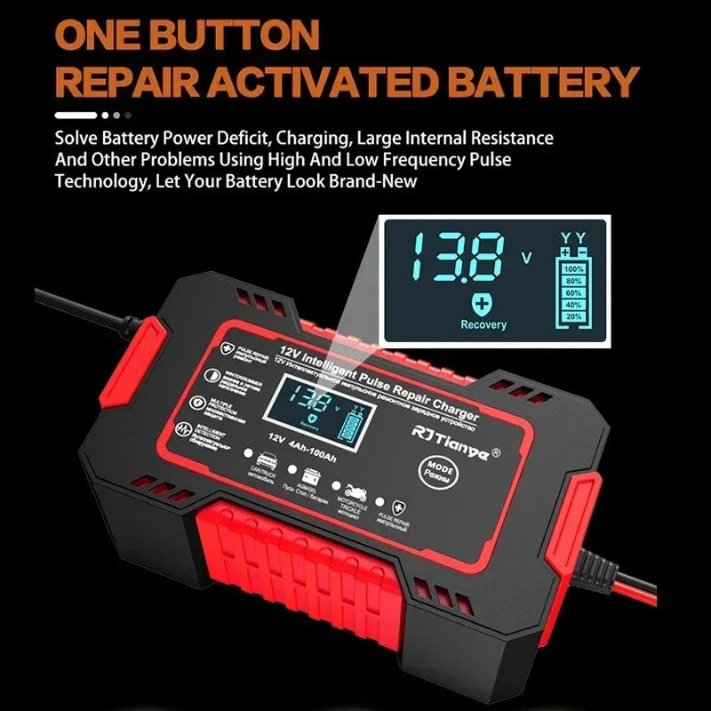 Close-up of LCD smart battery charger showing voltage and repair function