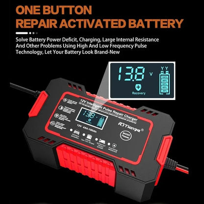 Close-up of LCD smart battery charger showing voltage and repair function