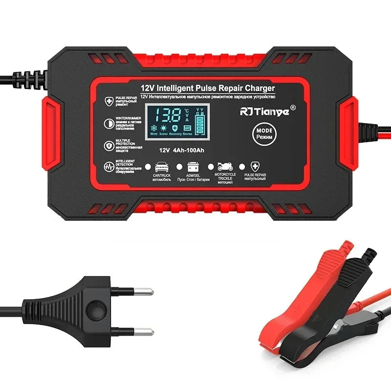 Red smart battery charger for 12V lead-acid batteries with EU plug