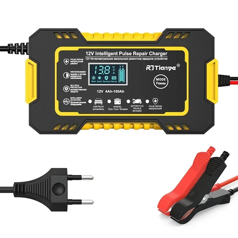 Yellow and black 12V battery charger with LCD screen for cars and motorcycles