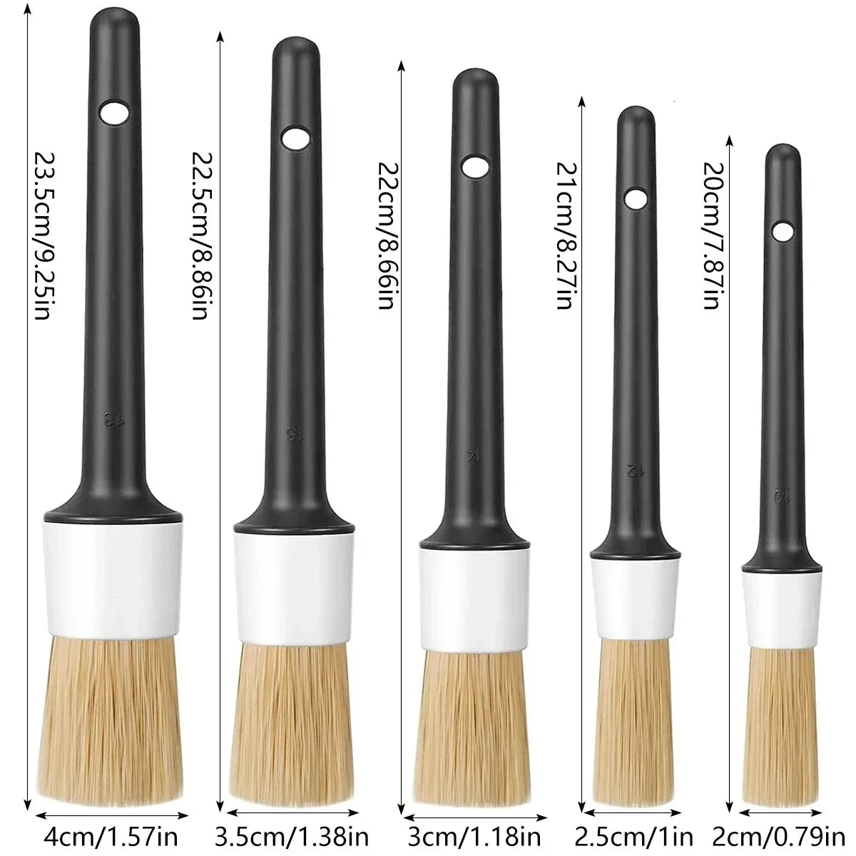 Five car detailing brushes in graduated sizes 20cm to 23.5cm