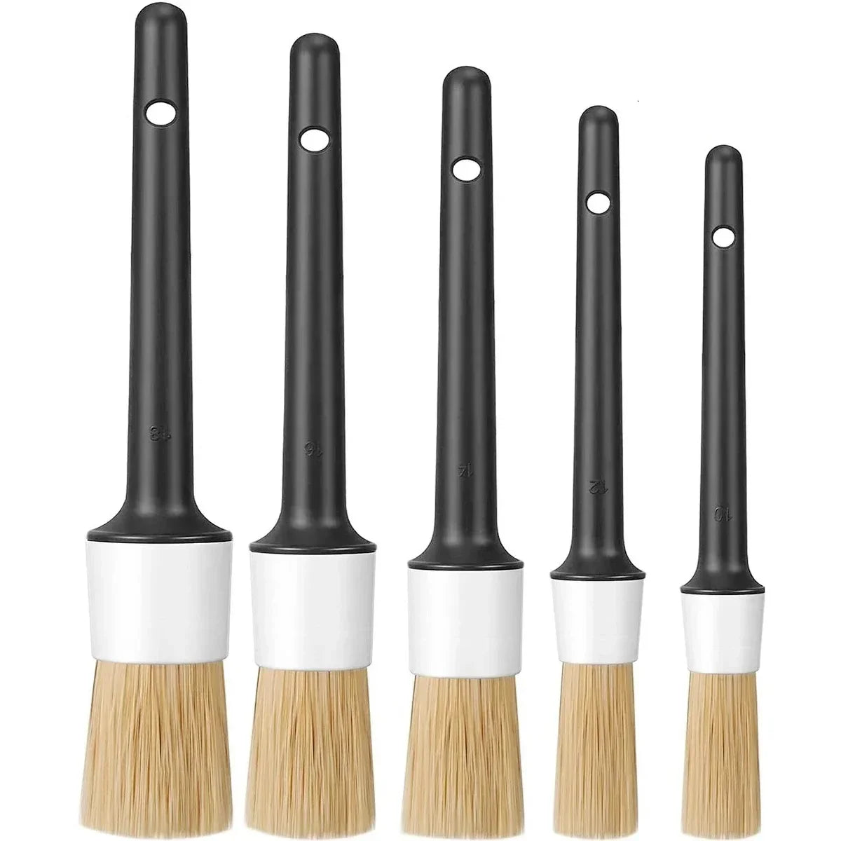 Set of five round boar hair car detailing brushes
