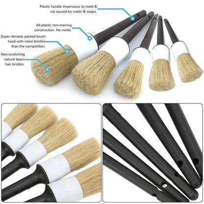Car detailing brush features: boar hair bristles and waterproof plastic handle