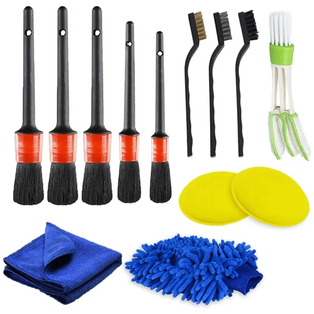 Complete car detailing kit with brushes, foam pads, microfiber cloth, and wash mitt