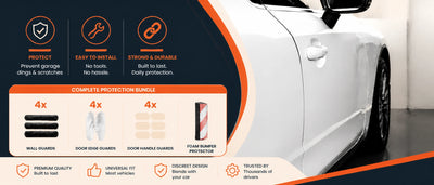 Car door bumper guards mounted on garage wall at door-swing height protecting car paint from dings