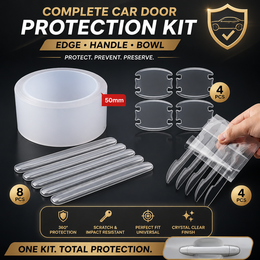 Complete car door protection kit with 50mm film roll, 4 bowl guards, 8 handle guards, and 4 edge protectors