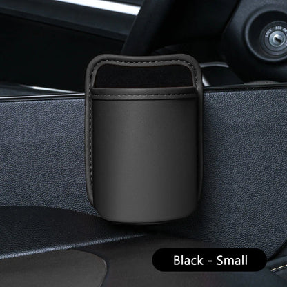 Black small PU leather car door cup holder mounted on car door panel