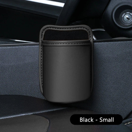 Black small PU leather car door cup holder mounted on car door panel