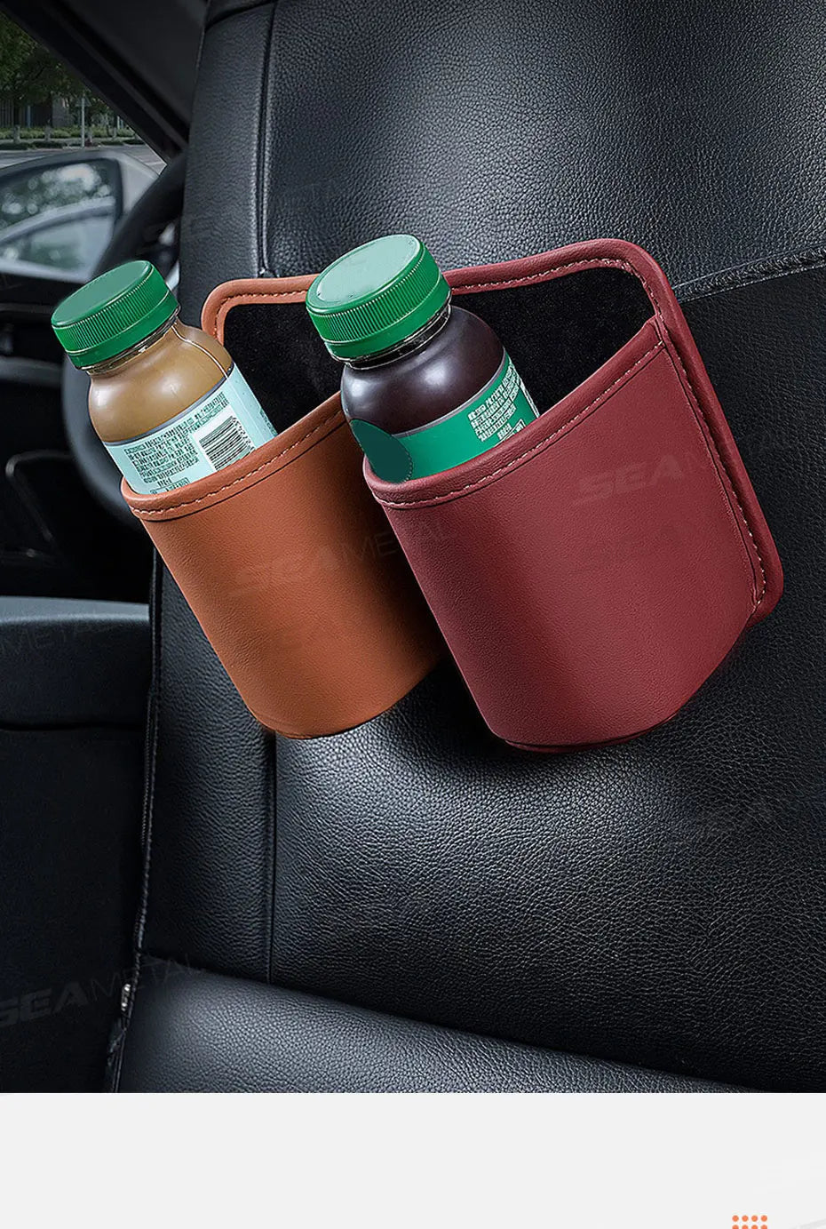 Brown and red small PU leather car door cup holders each holding a drink bottle