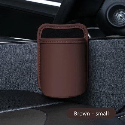 Brown small PU leather car door cup holder mounted on car door panel