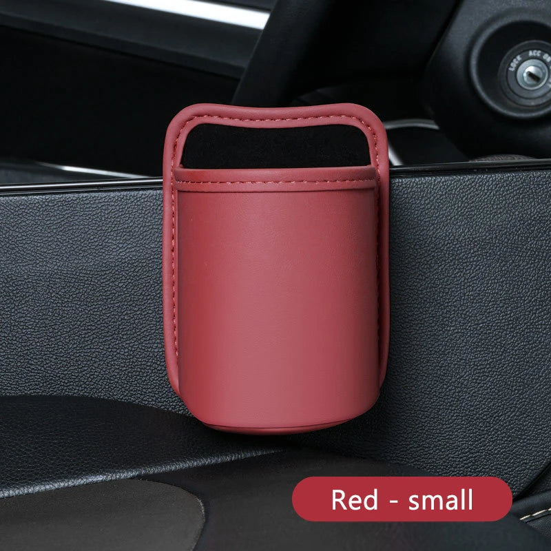 Red small PU leather car door cup holder mounted on car door panel