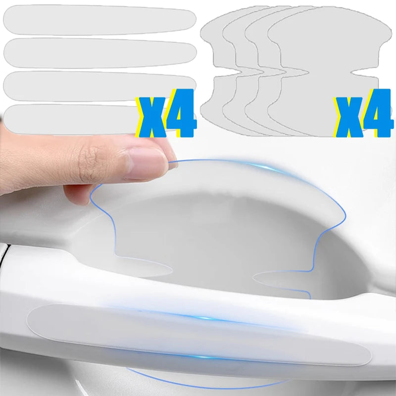 Kit overview showing 4 clear PVC door edge strips and 4 bowl protectors, with hand applying film to white car door handle