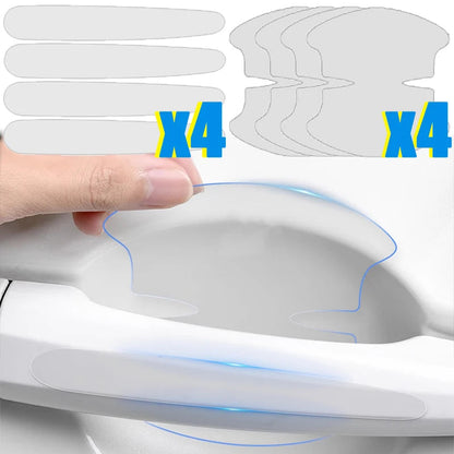 Kit overview showing 4 clear PVC door edge strips and 4 bowl protectors, with hand applying film to white car door handle