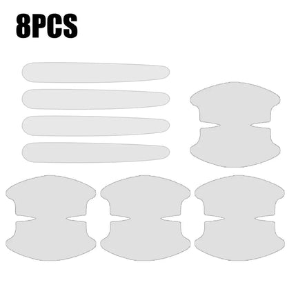 8-piece complete kit: 4 clear PVC door edge strips and 4 handle bowl protectors on white background