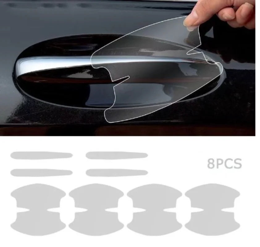 Hand applying clear PVC film to dark car door handle bowl with 8-piece kit layout diagram below