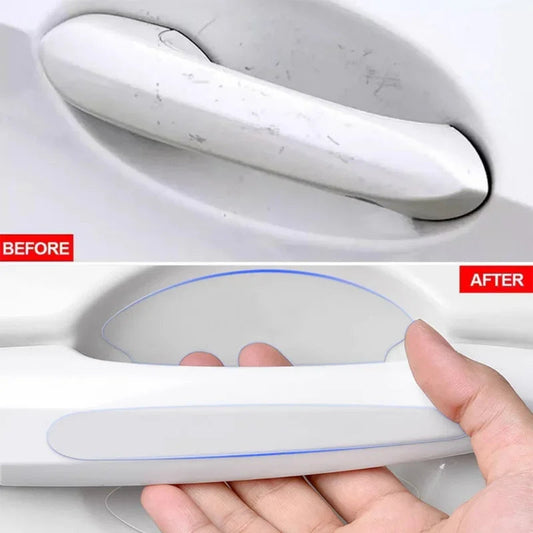 Before and after comparison: scratched car door handle vs. clear PVC scratch guard film applied to door bowl