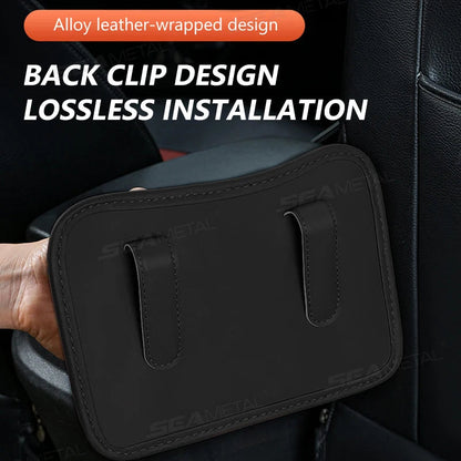 Black PU leather car door organizer showing back clip installation design