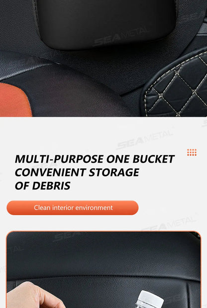 Close-up of PU leather car door organizer back clip attachment mechanism