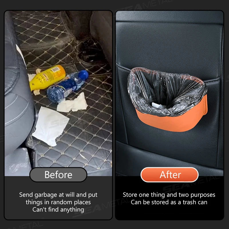 Before and after using car door organizer as trash bin replacing messy car floor
