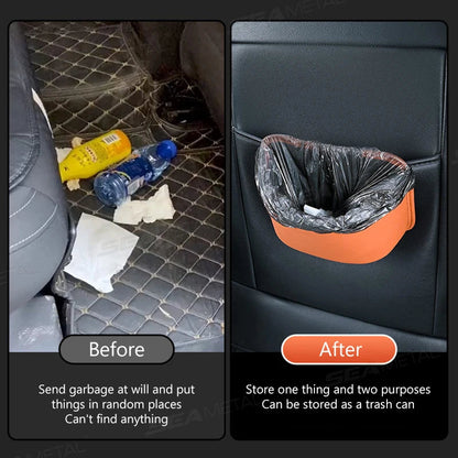 Before and after using car door organizer as trash bin replacing messy car floor
