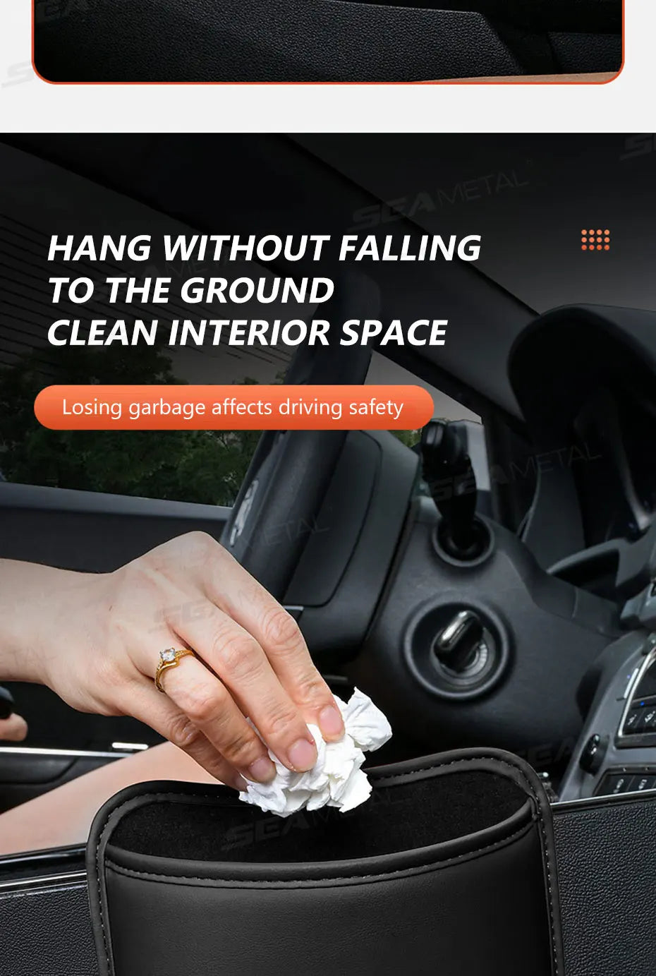 Hand dropping tissue into black large PU leather car door organizer while driving
