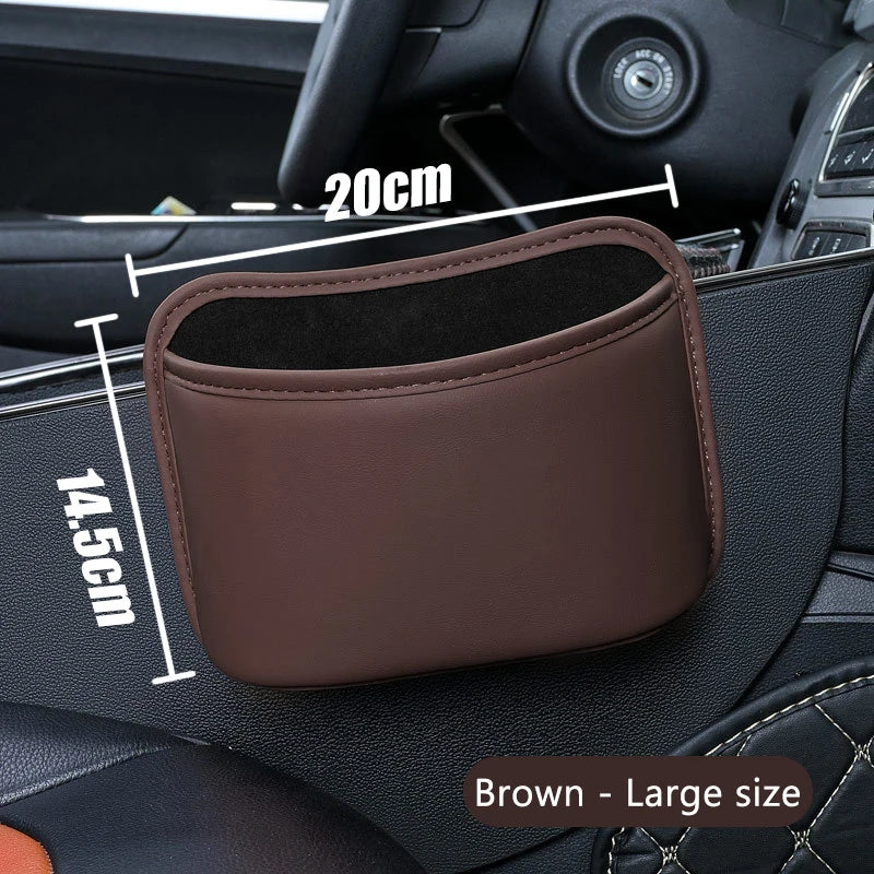 Brown large PU leather car door storage organizer mounted on door panel, 7.87in wide