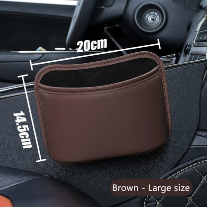 Brown large PU leather car door storage organizer mounted on door panel, 7.87in wide