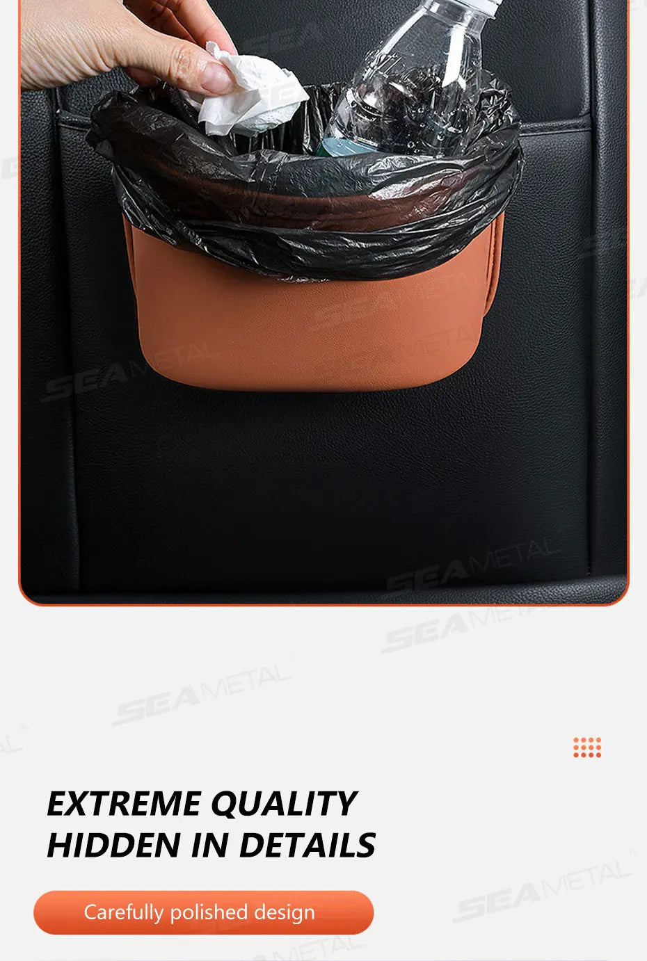 Brown large PU leather car door organizer with trash bag showing quality stitching detail