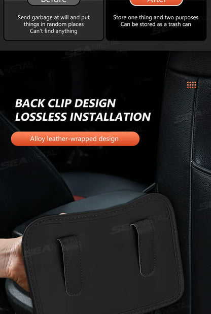 Car door organizer before and after installation with back clip lossless design