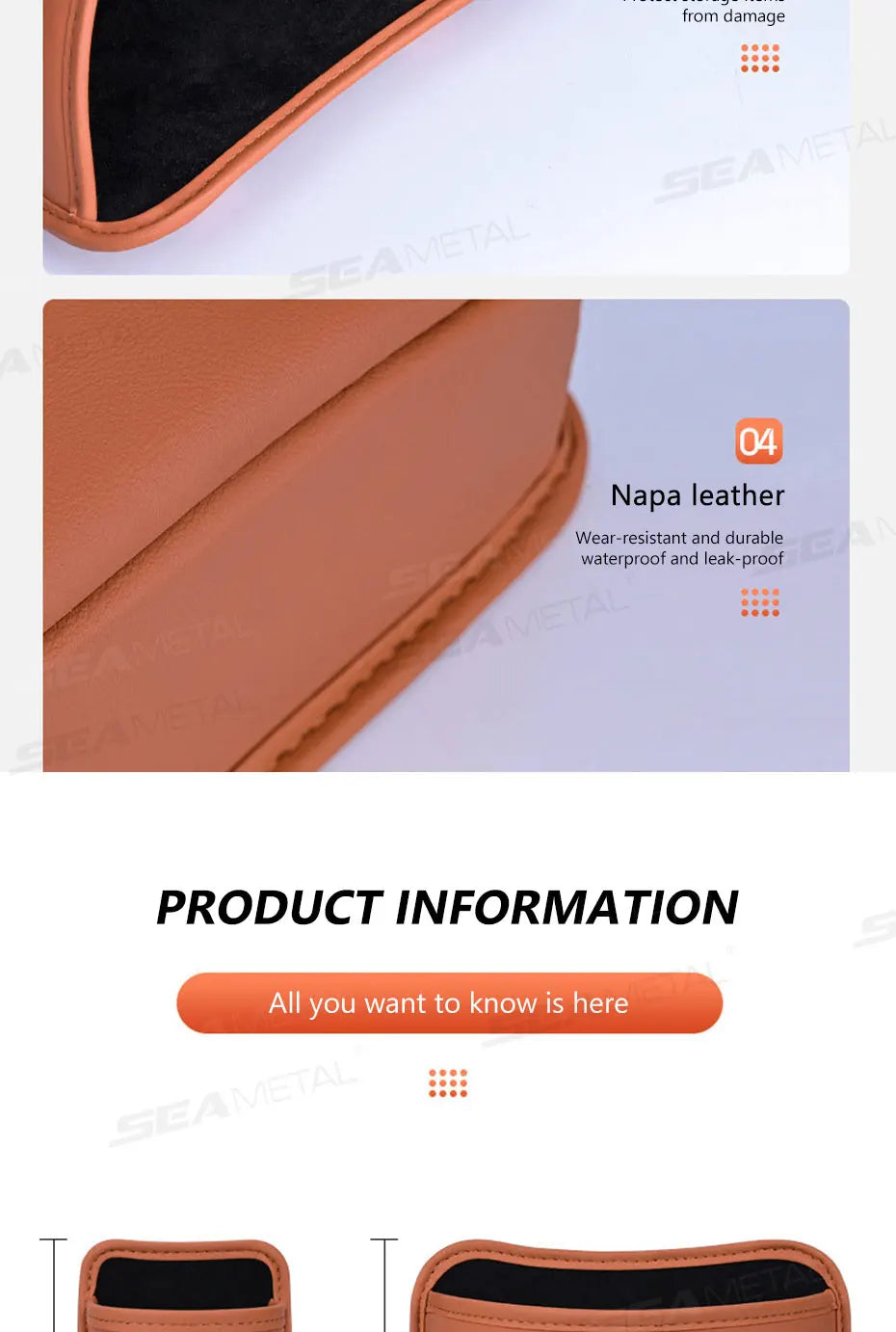Car door organizer napa leather exterior and velvet interior with product specifications