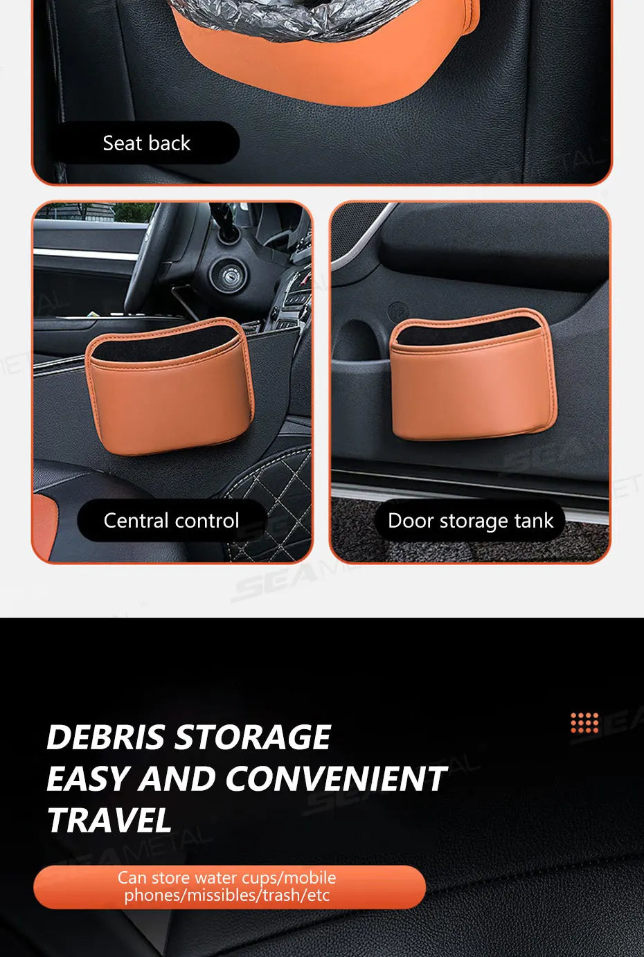 Car door organizer shown in three positions: seat back, center console, and door panel
