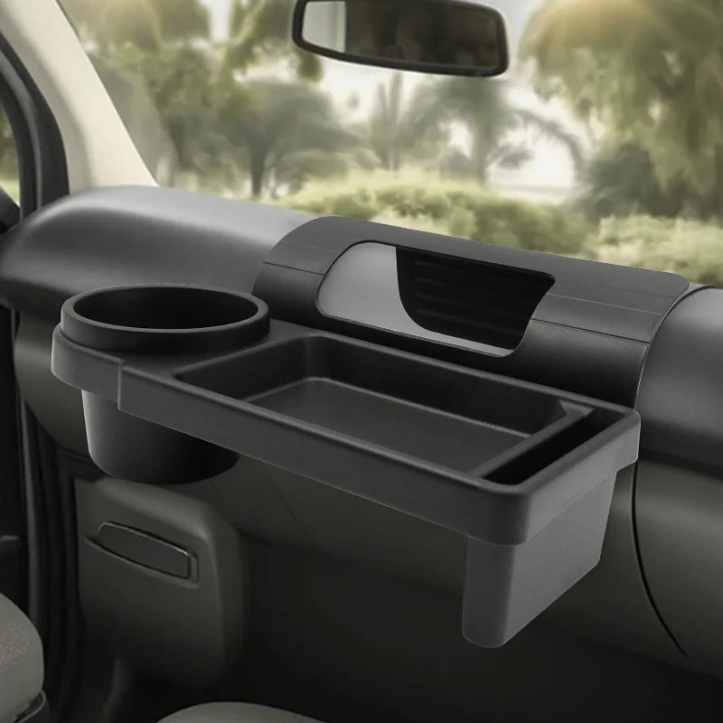 Car door organizer real-life installation in vehicle door with items stored