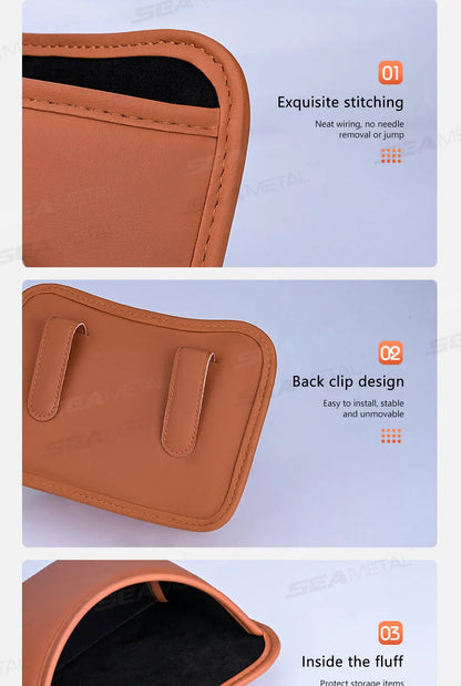 Car door organizer detail: exquisite stitching, back clip design, and velvet interior lining