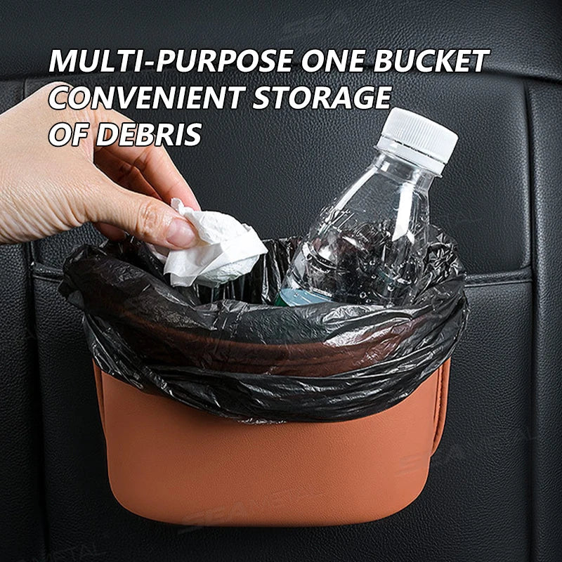 Brown large PU leather car door organizer used as trash can with bag liner