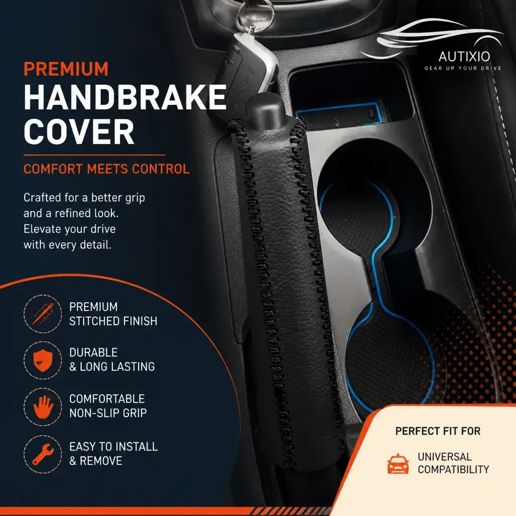 Car handbrake cover PU leather black stitching installed in modern car interior with blue ambient lighting showing premium stitched finish durable non-slip grip and easy removal