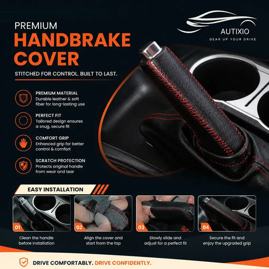 Car handbrake cover PU leather red stitch 4-step easy installation guide: clean handle align from top slide to adjust and secure for a perfect snug fit